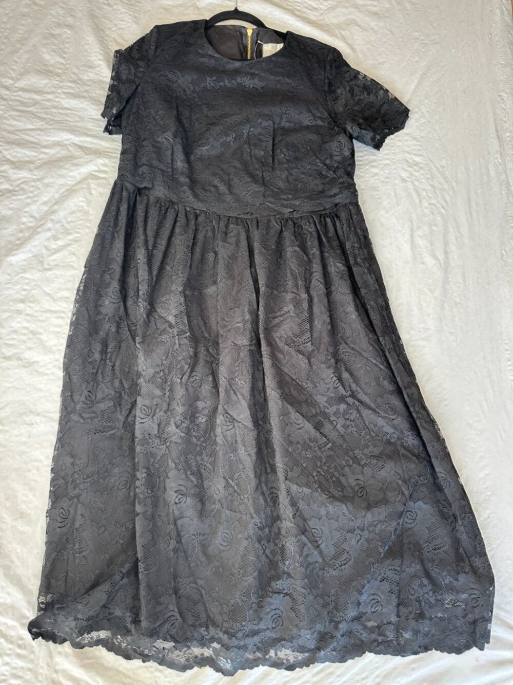Asos Womens Black Lace Short Sleeve Midi Dress NEW 14 Nylon Blend Back Zipper